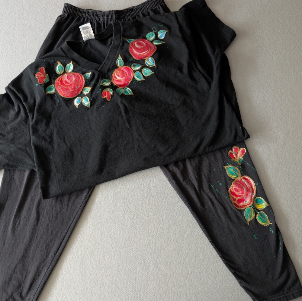 Vintage Cotton Pants Handpainted Floral Rose Black Jogger Artsy Chic Teacher - Picture 8 of 12